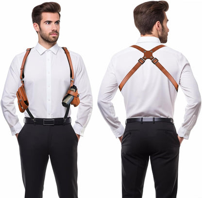 Genuine leather shoulder holster, adjustable pistol holster with double magazine pouch, compatible with various models including Glock 17/19, 1911, Taurus G2C/G3C, M&P 9, SIG P220/P226, and 92FS.