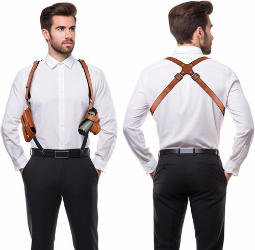 Genuine leather shoulder holster, adjustable pistol holster with double magazine pouch, compatible with various models including Glock 17/19, 1911, Taurus G2C/G3C, M&P 9, SIG P220/P226, and 92FS.