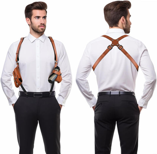 Genuine leather shoulder holster, adjustable pistol holster with double magazine pouch, compatible with various models including Glock 17/19, 1911, Taurus G2C/G3C, M&P 9, SIG P220/P226, and 92FS.