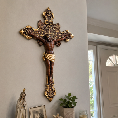 St. Benedict Exorcism Cross wood carved - Bless you and your family - side view