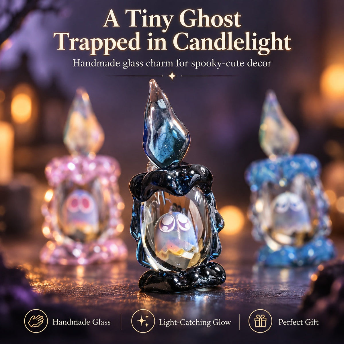 🎃 Ghost Candle Glass Figurine – Handmade Halloween Shelf Décor