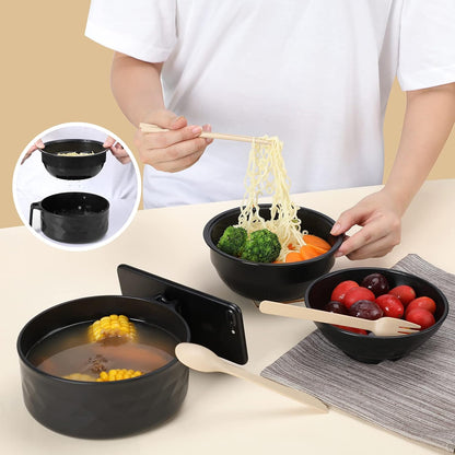 ✨ Stoneware-Inspired Diamond-Faceted Ramen Bowl Set | 40oz Microwave-Safe Ramen Maker with Built-in Drain & Utensils 🍜