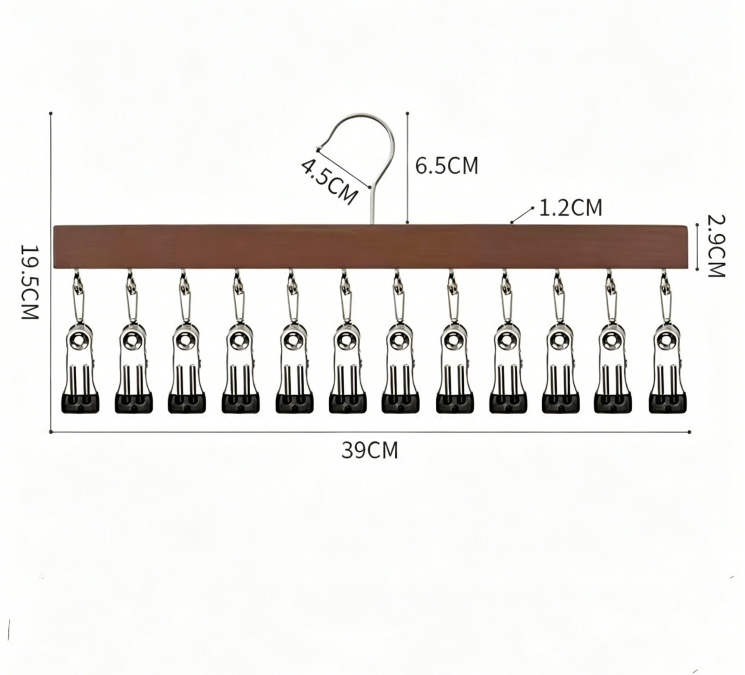 Wooden Hat Organizer with 12 Stainless Steel Clips Holds