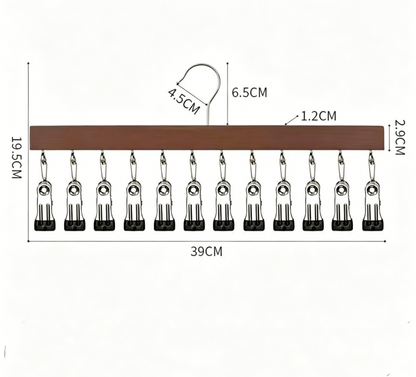 Wooden Hat Organizer with 12 Stainless Steel Clips Holds