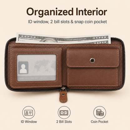 💼 Men Retro PU Leather Zip Wallet, Bifold Card Coin Purse