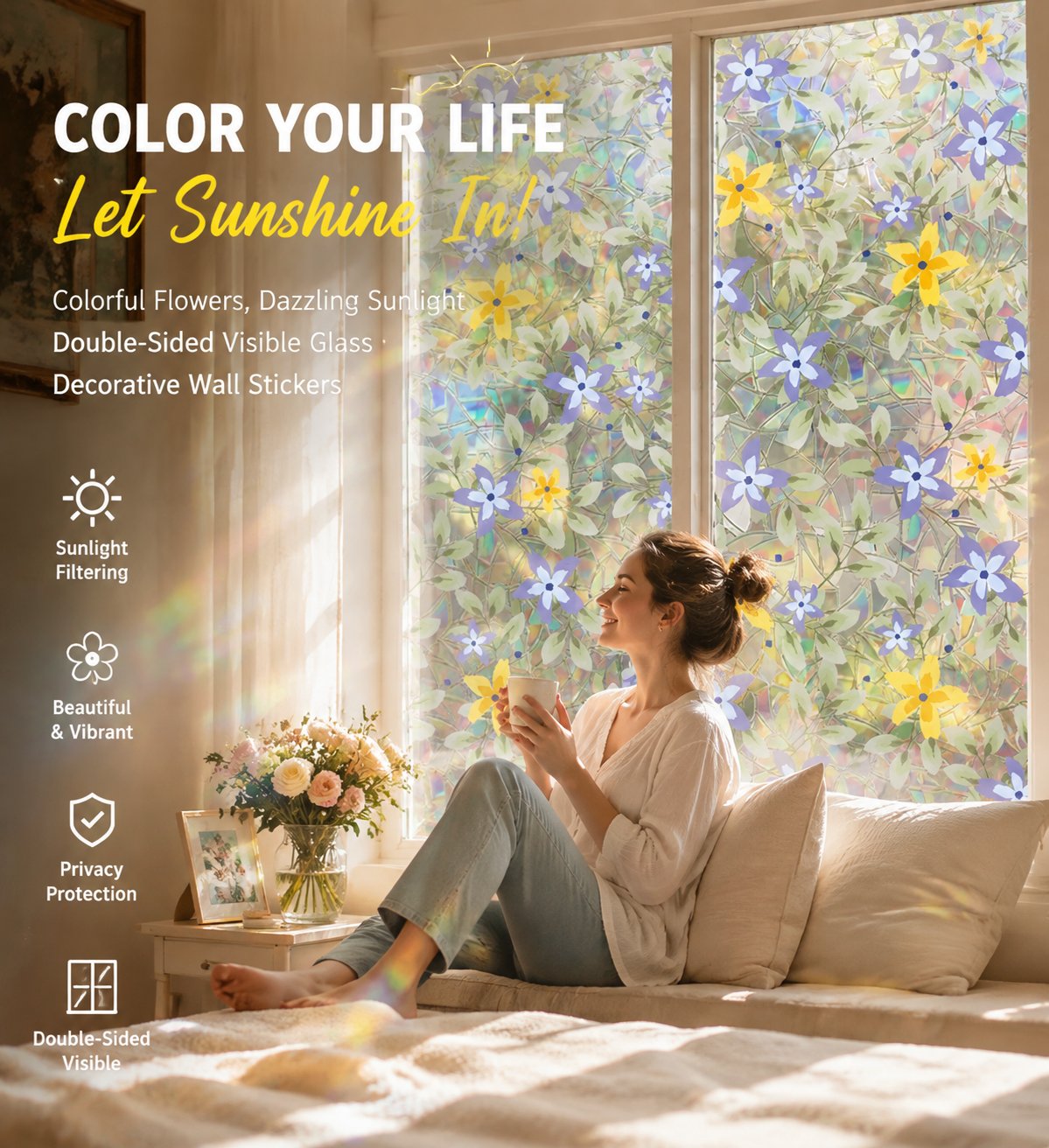 💐Colorful flowers, dazzling sunlight, double-sided visible glass decorative wall stickers