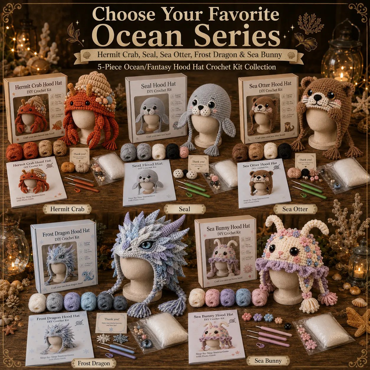 🔥 LAST DAY 49% OFF – 🌊✨ Ocean Series Hood Hat DIY Crochet Kit | Premium Soft Yarn Materials with Step-by-Step Guide DIY Handmade Wearable Ocean Character Hood 🧶🎭✨