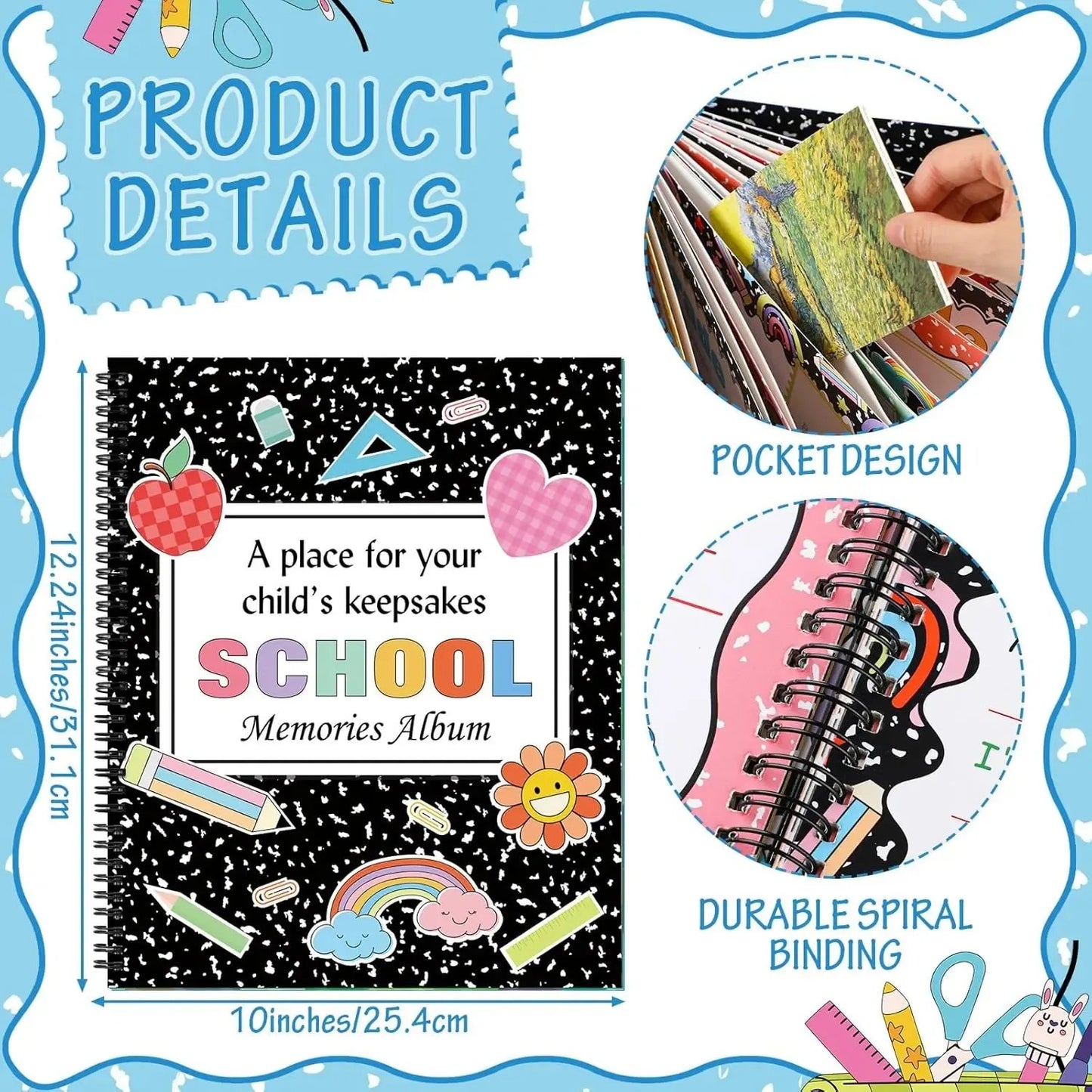 📚School Memory Book Photo Album for Kids,14 Pockets, 34 Pages, 13 Years