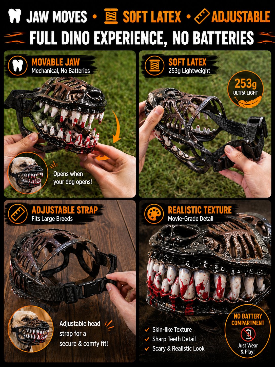 🐶Halloween Dinosaur Blood Mouth Dog Mask, Funny Scary Creative Pet Muzzle, Movie Style Animal Decorative Mask