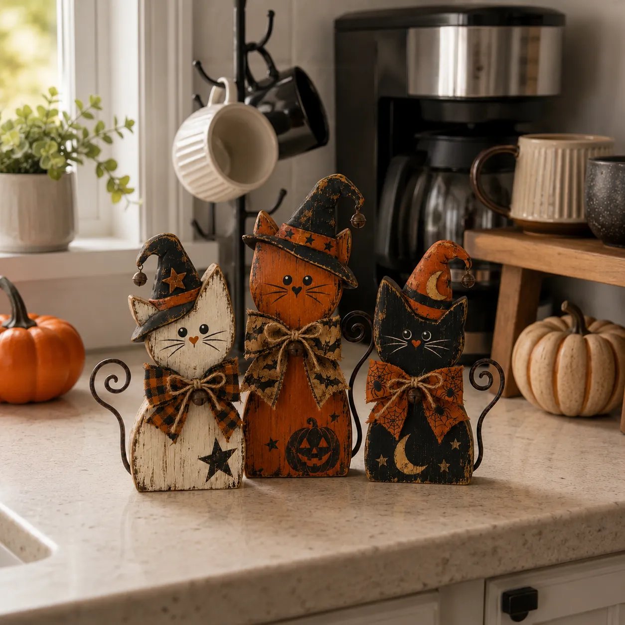 Vintage Halloween Witch Cat Decor Set