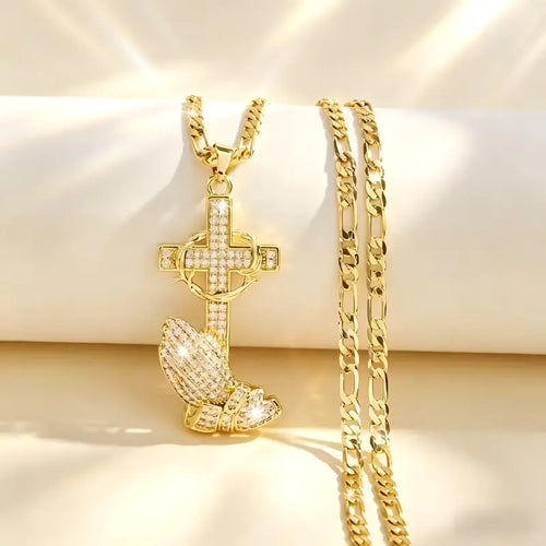 Cross & Prayer Hands Pendant Necklace