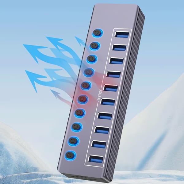 Powered 10-Port USB 3.0 Hub, USB C to 10 Ports USB Data Hub Splitter with Individual LED On/Off Switche, 3.3FT Cable, 12V/3A Power Adapter