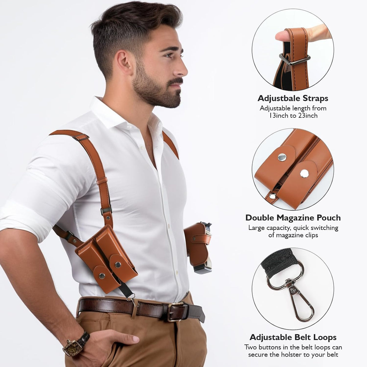 Genuine leather shoulder holster, adjustable pistol holster with double magazine pouch, compatible with various models including Glock 17/19, 1911, Taurus G2C/G3C, M&P 9, SIG P220/P226, and 92FS.