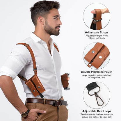 Genuine leather shoulder holster, adjustable pistol holster with double magazine pouch, compatible with various models including Glock 17/19, 1911, Taurus G2C/G3C, M&P 9, SIG P220/P226, and 92FS.