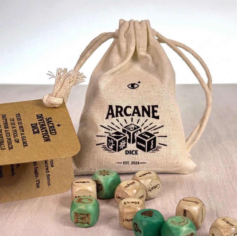 🔮🎲Arcane Divination Dice Set – Engraved Wooden Box, Oracle Dice for Tarot Ritual, Handcrafted Intuition Amplifier
