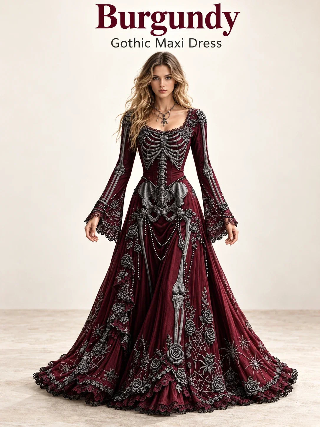 Gothic Skeleton Maxi Dress for Halloween | Bell Sleeve 🕸️