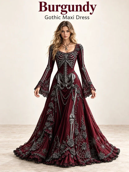 Gothic Skeleton Maxi Dress for Halloween | Bell Sleeve 🕸️