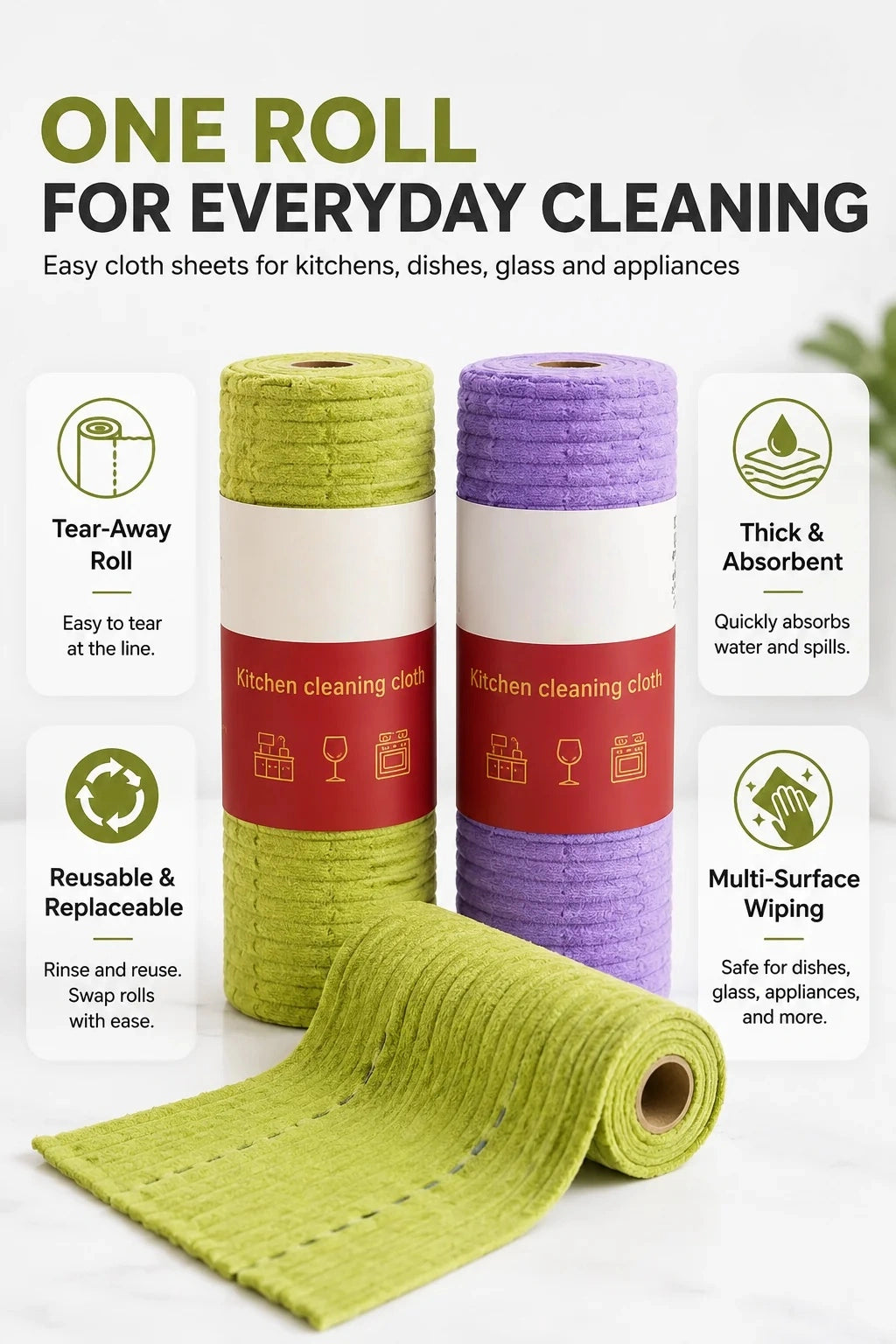 Multipurpose Reusable Tear-Off Cleaning Cloth Roll
