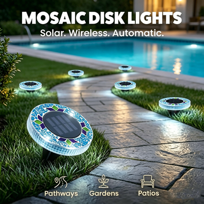 Solar Disk Lights – Handcrafted Mosaic Outdoor LED Waterproof In-Ground & Tabletop Wireless Lighting