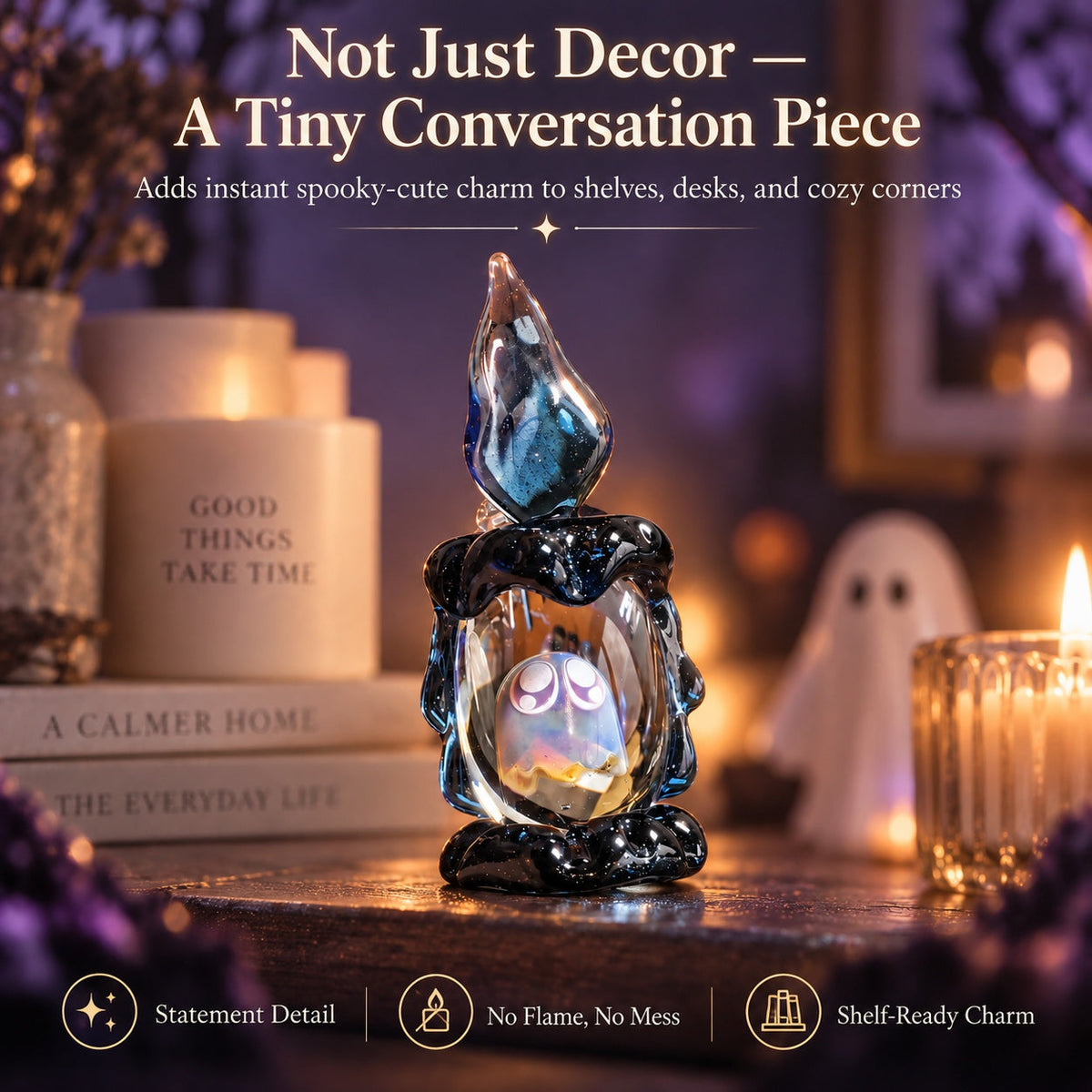 🎃 Ghost Candle Glass Figurine – Handmade Halloween Shelf Décor