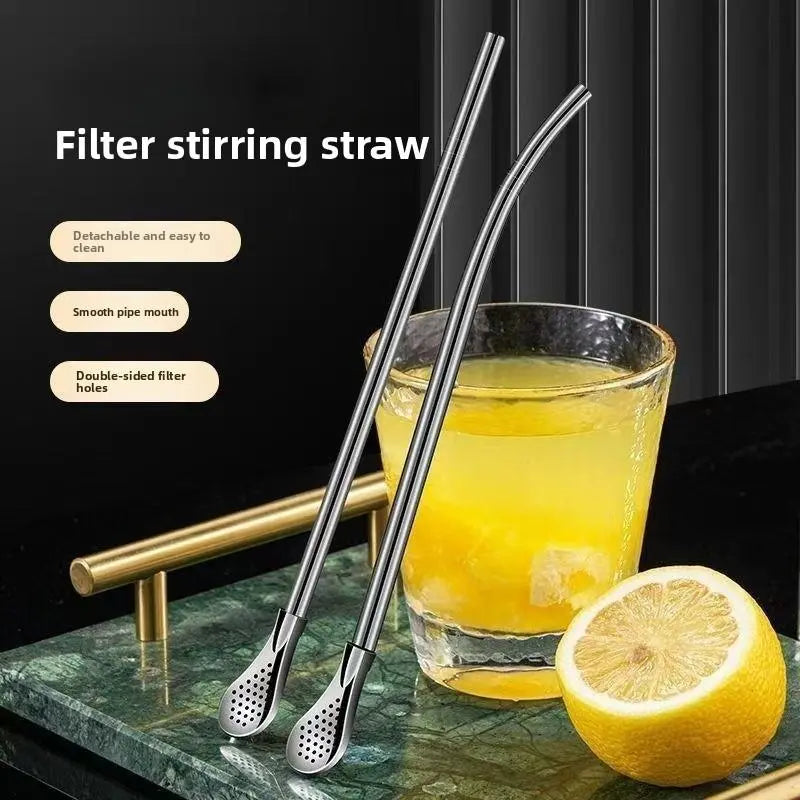 2-in-1 Stainless Steel Straw & Spoon, Reusable Drinking Straw with Stirring Spoon & Filter