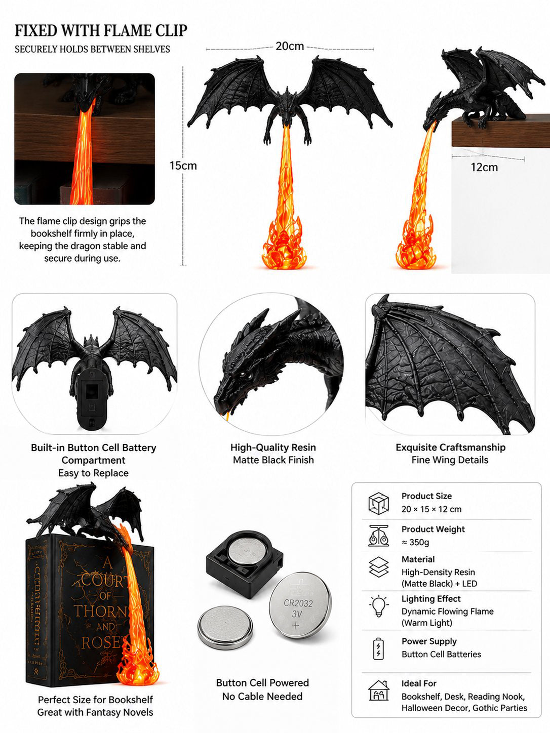 Fire-Breathing Dragon LED Sculpture | Fantasy Bookshelf & Desk Decor