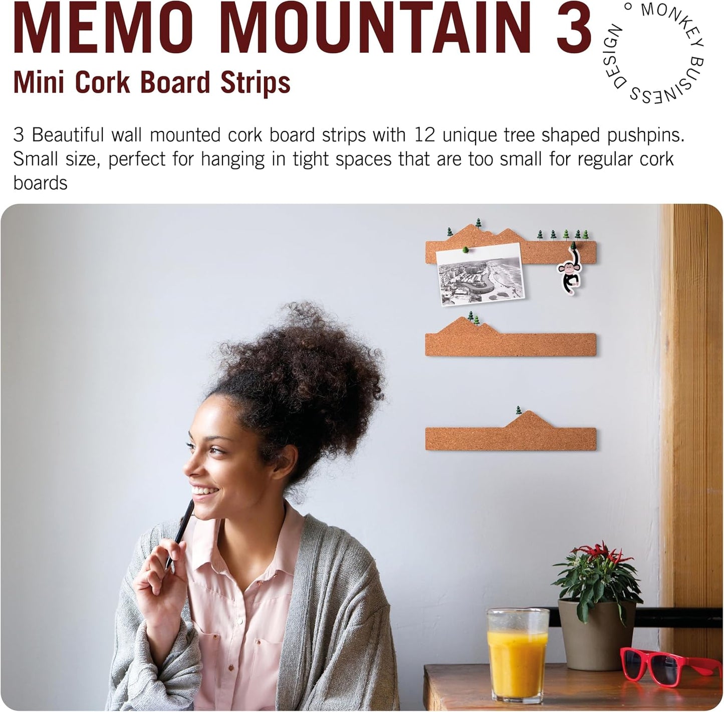 Memo Mountain 3 Cork Board Strips - Corkboard Pin Boards with Mountain Scene Pushpins, Office Accessories, Cute Cork Boards for Walls