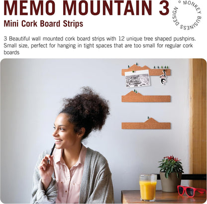 Memo Mountain 3 Cork Board Strips - Corkboard Pin Boards with Mountain Scene Pushpins, Office Accessories, Cute Cork Boards for Walls