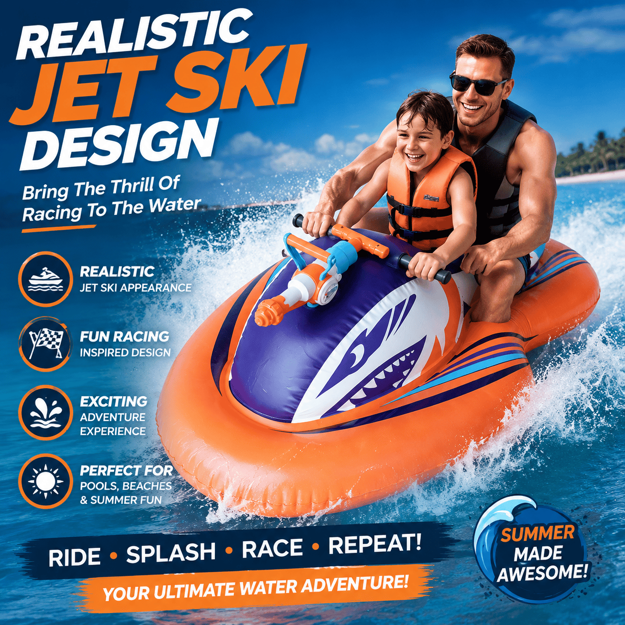 🌊 2-in-1 Shark Inflatable Jet Water Ski🚤 Built-in Water Gun