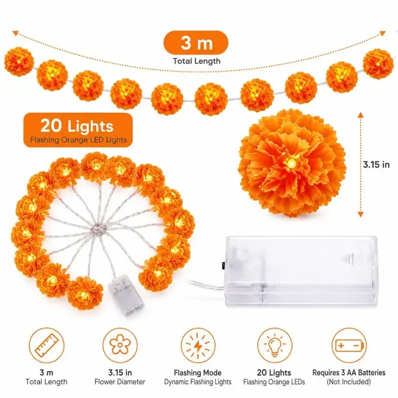 🎃 3M Day of the Dead Marigold String Lights, 20 LED Cempasuchil Flower Garland