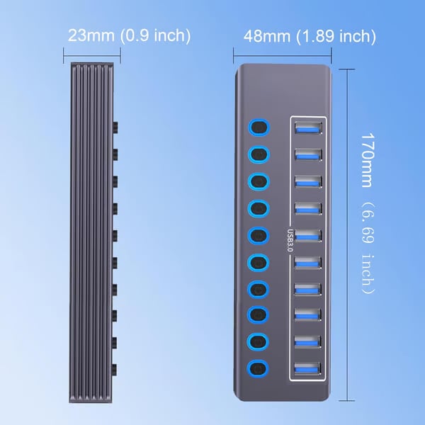 Powered 10-Port USB 3.0 Hub, USB C to 10 Ports USB Data Hub Splitter with Individual LED On/Off Switche, 3.3FT Cable, 12V/3A Power Adapter