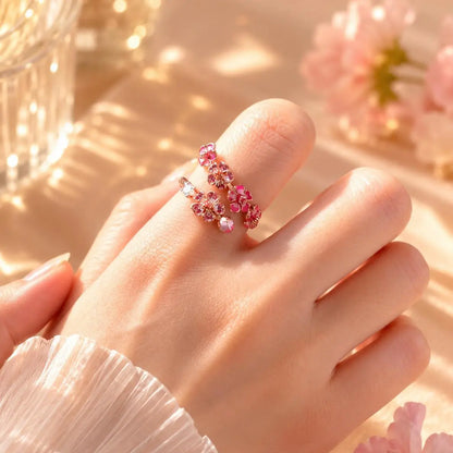 Adjustable Peach Blossom Ring for Women, Pink Floral Open Band Ring, 18K Gold Plated Cubic Zirconia Flower Jewelry Gift for Her