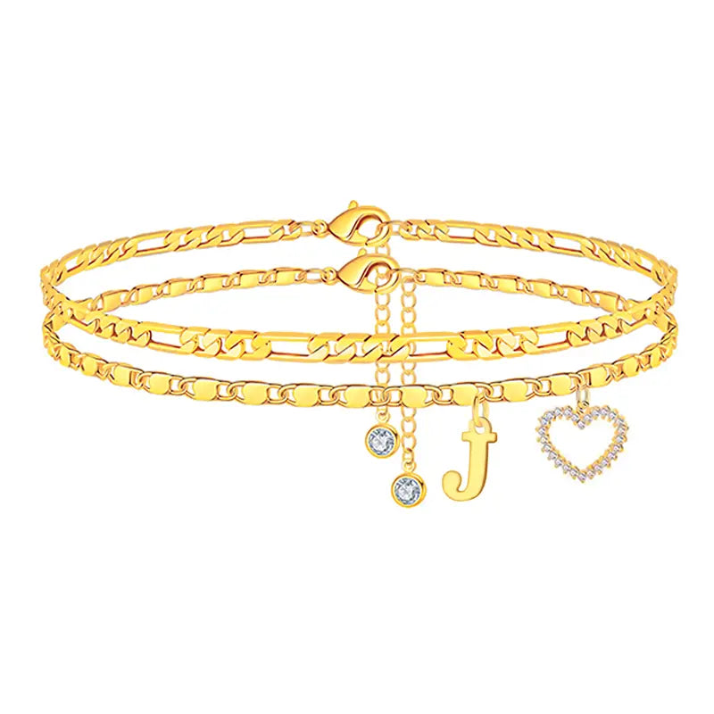 🎁 14k-Gold Plated-Double-Layer 26-Letter-Tone Chain Heart-Shaped Anklet with a heart-shaped pendant