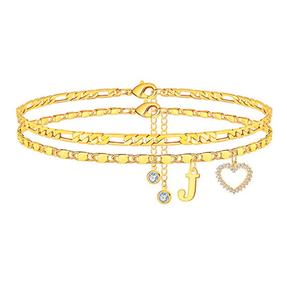🎁 14k-Gold Plated-Double-Layer 26-Letter-Tone Chain Heart-Shaped Anklet with a heart-shaped pendant