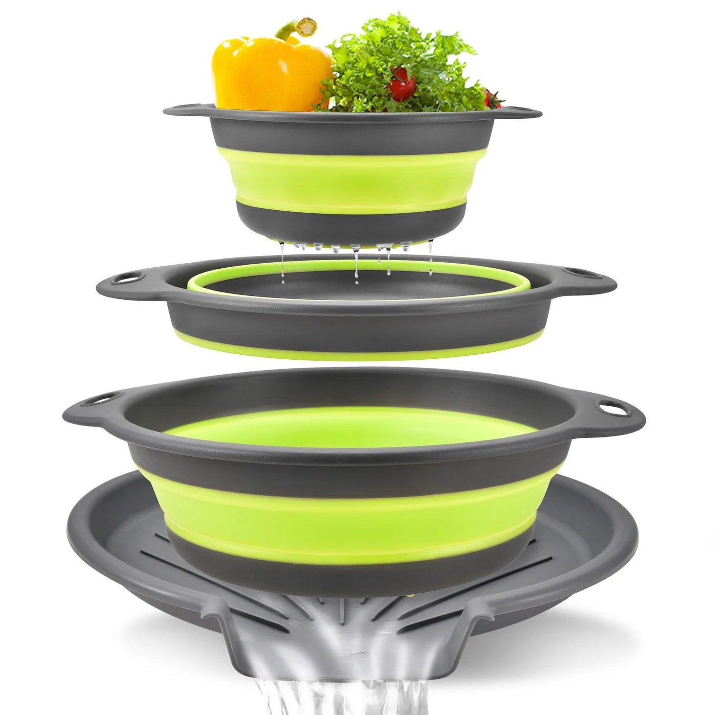 Collapsible Colander Set of 3 – Space-Saving Strainers with Draining Base | Small Medium Large