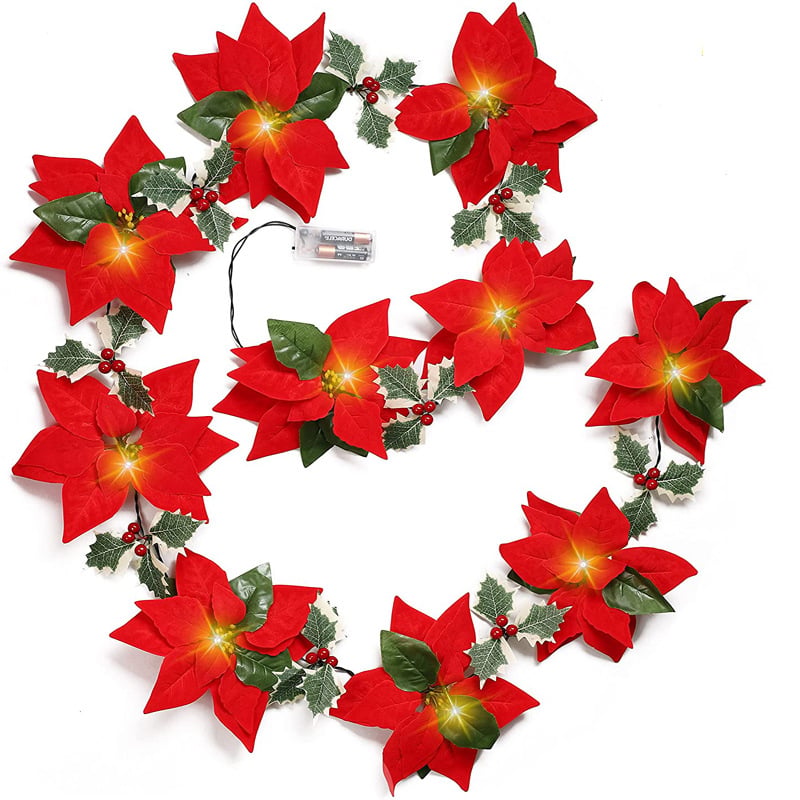 Red poinsettia LED flower garland shown on a white background