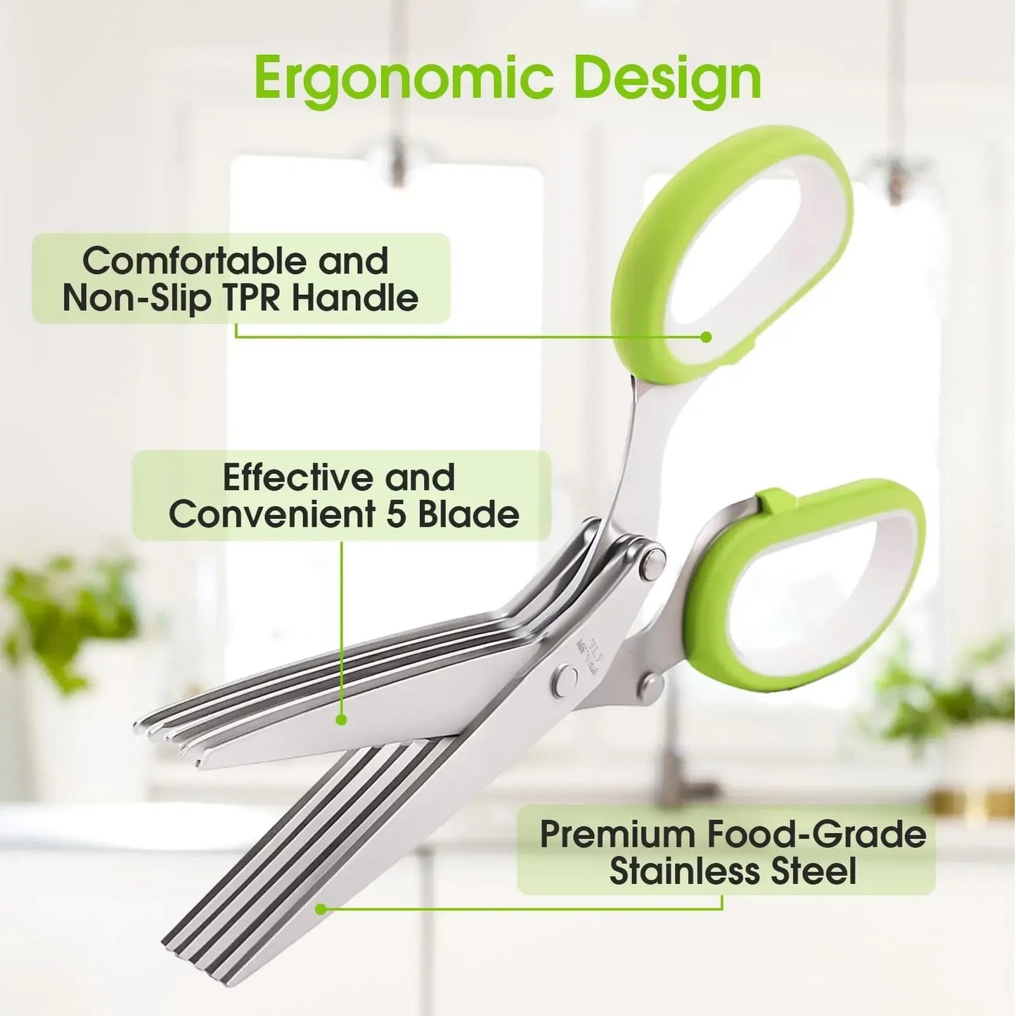 ✂️Herb Scissors 5 Blade Kitchen Shears, Multipurpose Herb Cutter with Safety Cover & Cleaning Comb for Basil Chive Parsley