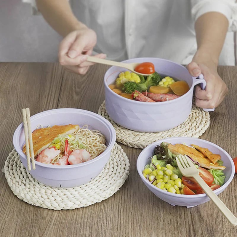 ✨ Stoneware-Inspired Diamond-Faceted Ramen Bowl Set | 40oz Microwave-Safe Ramen Maker with Built-in Drain & Utensils 🍜