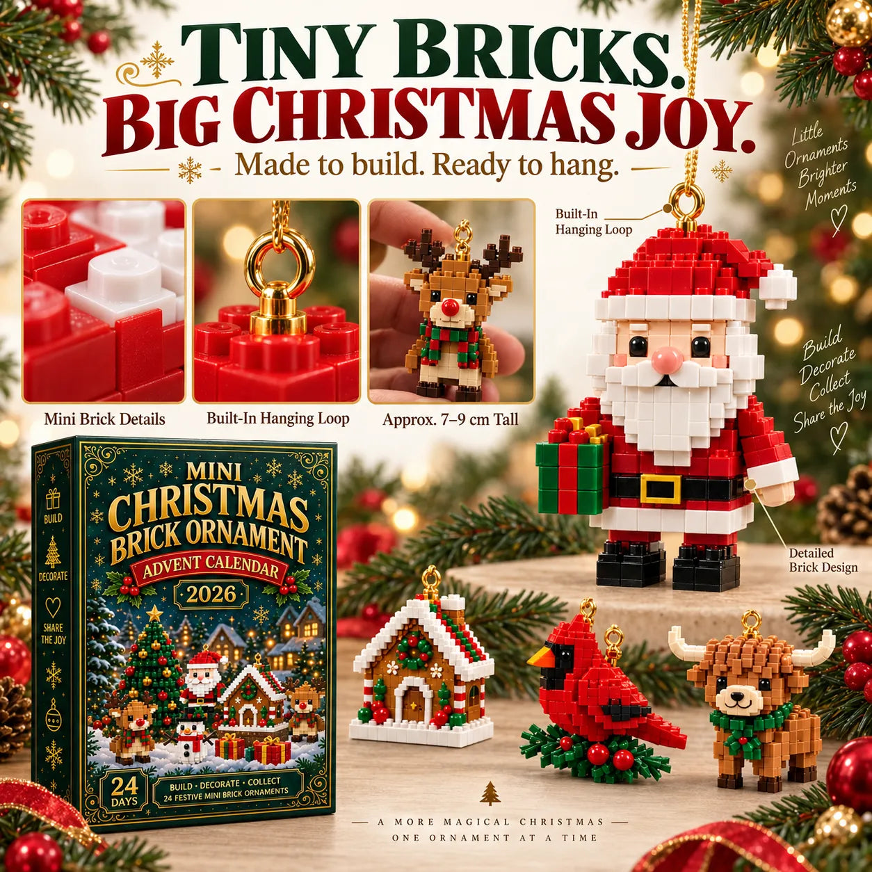 🎄🧱 Build & Hang Christmas Countdown – 24 Mini Holiday Brick Ornaments