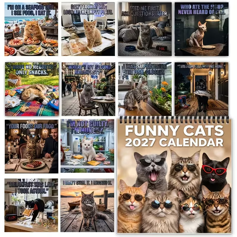🔥Black Friday Deal｜2027 Funny Cat Meme Wall Calendar, Monthly Hanging Wall Calendar with Hilarious Cat Memes