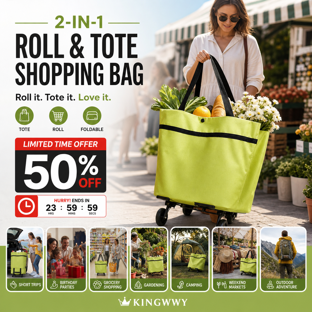 🔥LAST DAY 50% OFF-2-in-1 Foldable Shopping Cart