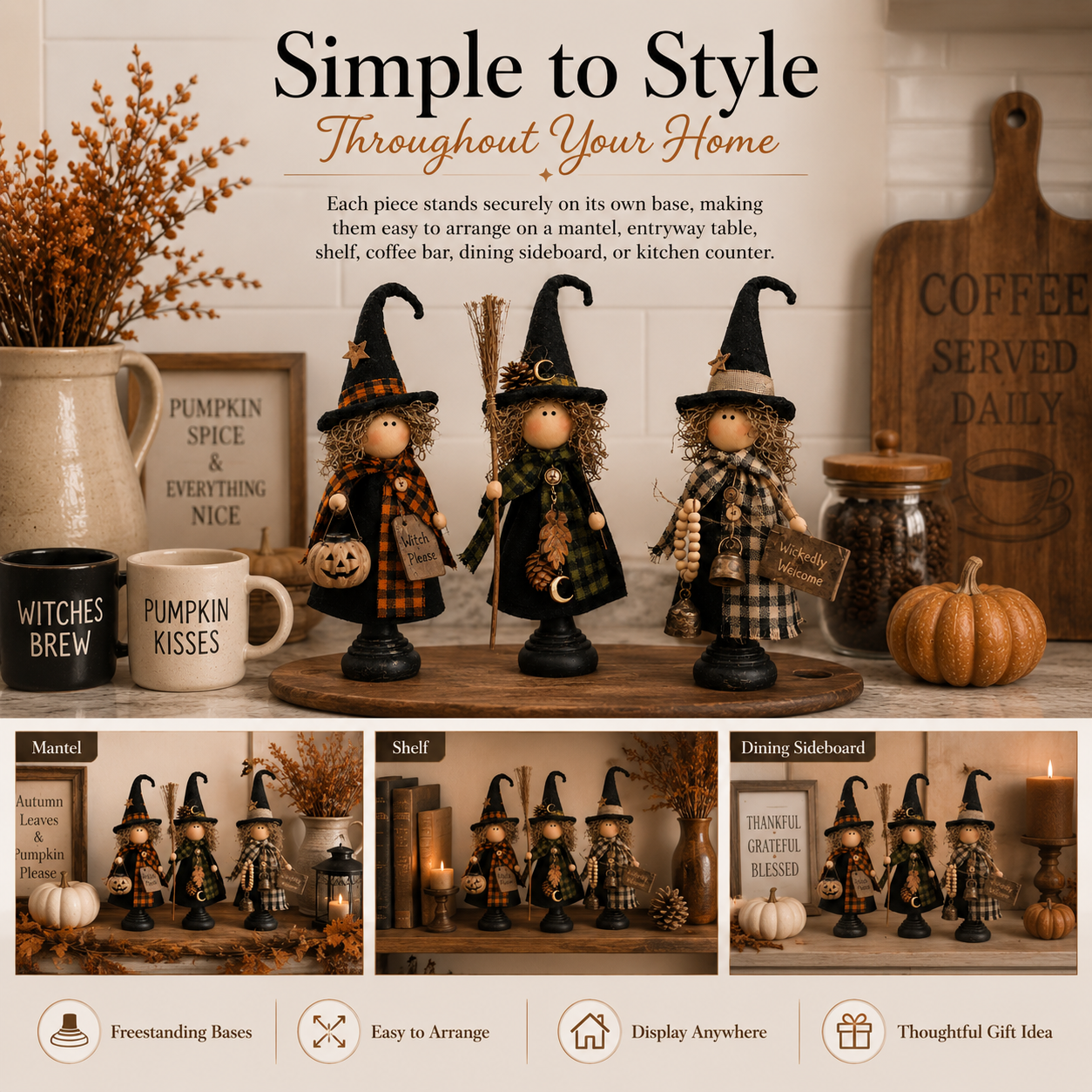 Rustic Halloween Witch Figurines, Set of 3 – Vintage Farmhouse Tabletop Decor
