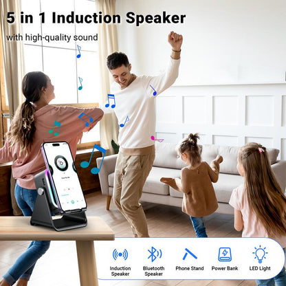 🔥🎶📱  5-in-1 Wireless Induction Bluetooth Speaker with Adjustable Phone Stand