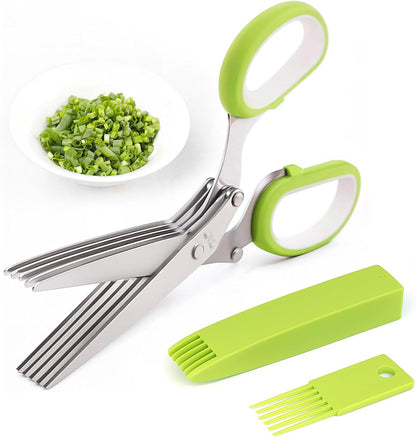 ✂️Herb Scissors 5 Blade Kitchen Shears, Multipurpose Herb Cutter with Safety Cover & Cleaning Comb for Basil Chive Parsley