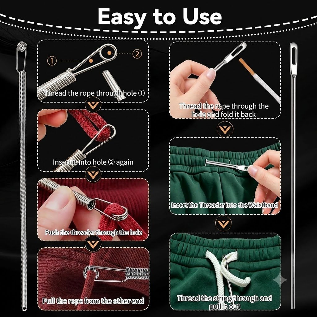 2Pcs Flexible Drawstring Threading Tool 🧵 Bendable Metal Spring Threader for Hoodies Pants Shoelaces
