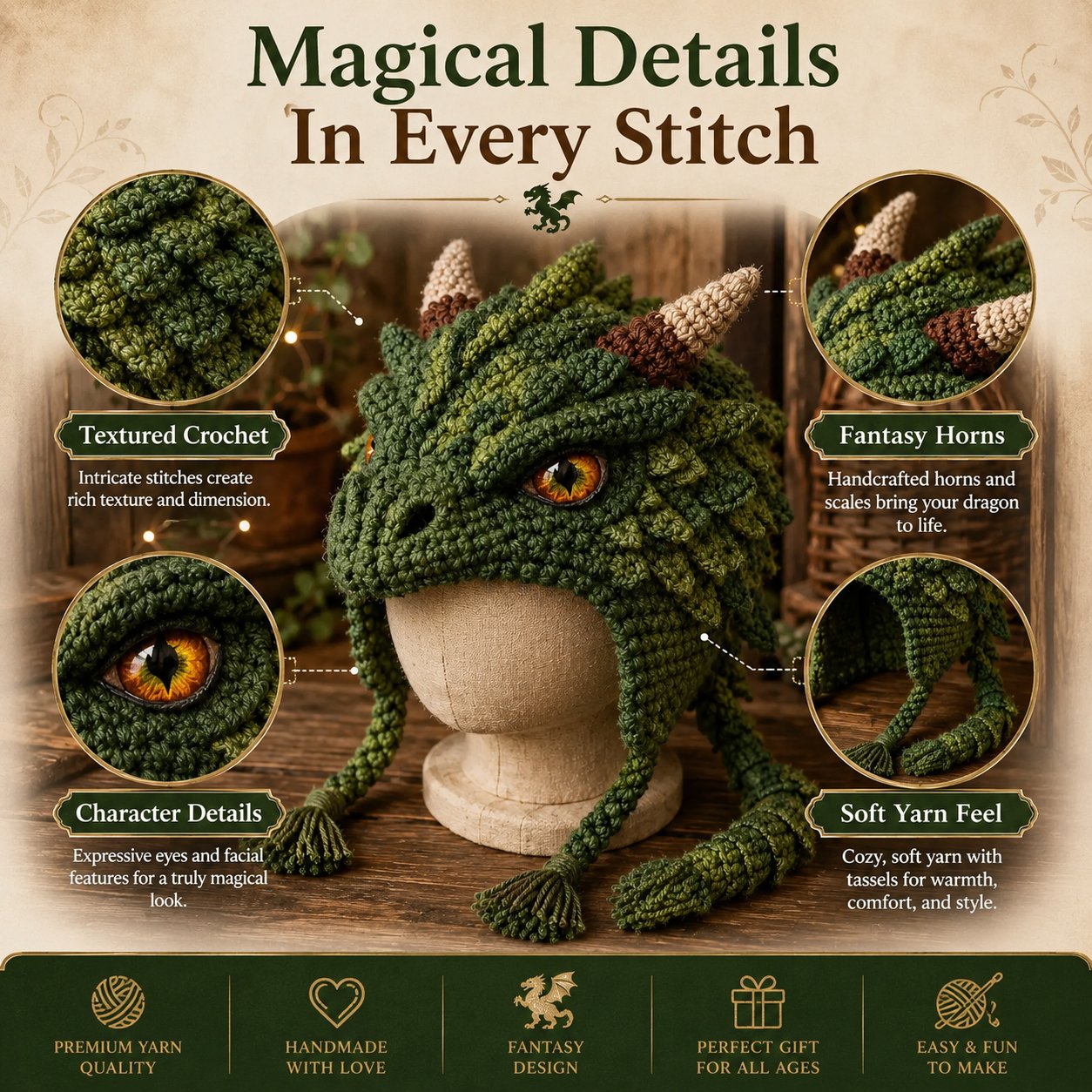 🔥HOT SALE 50% OFF – DIY Dragon Hood Hat Crochet Kit 🐉 | Handmade Fantasy Craft
