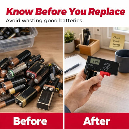 Digital Battery Checker – Large LCD display shows exact remaining power. Compact & portable – test before you toss! 🧪💪