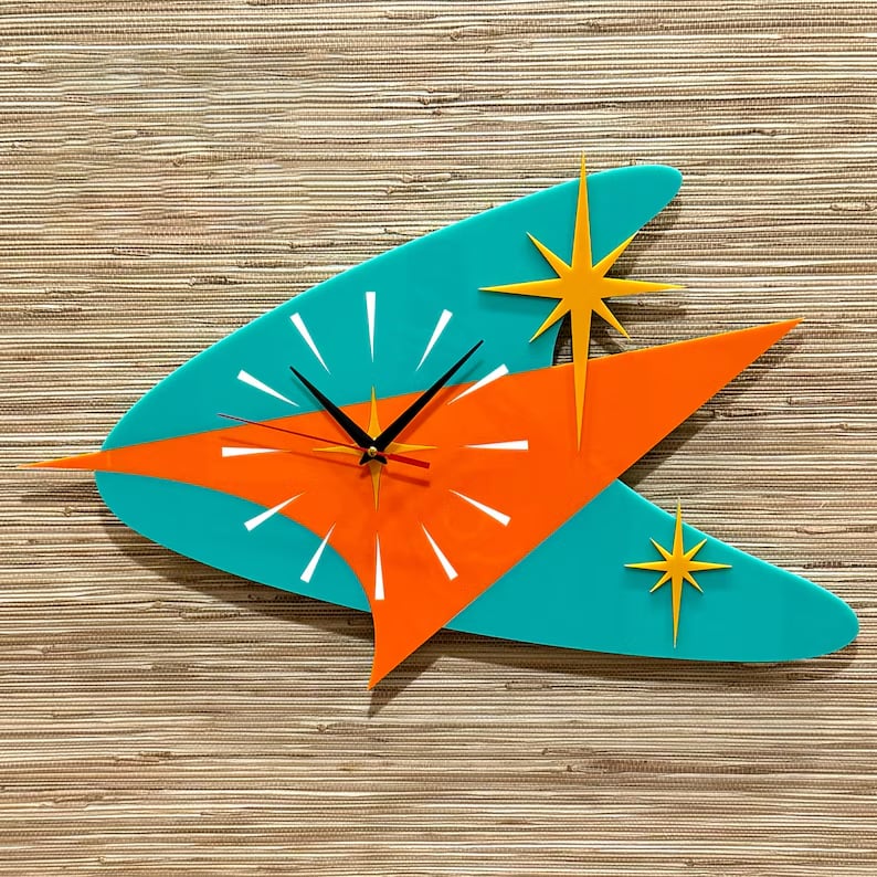 🕰️✨ Mid Century Modern Atomic Boomerang Wall Clock | Retro 1950s Starburst Design