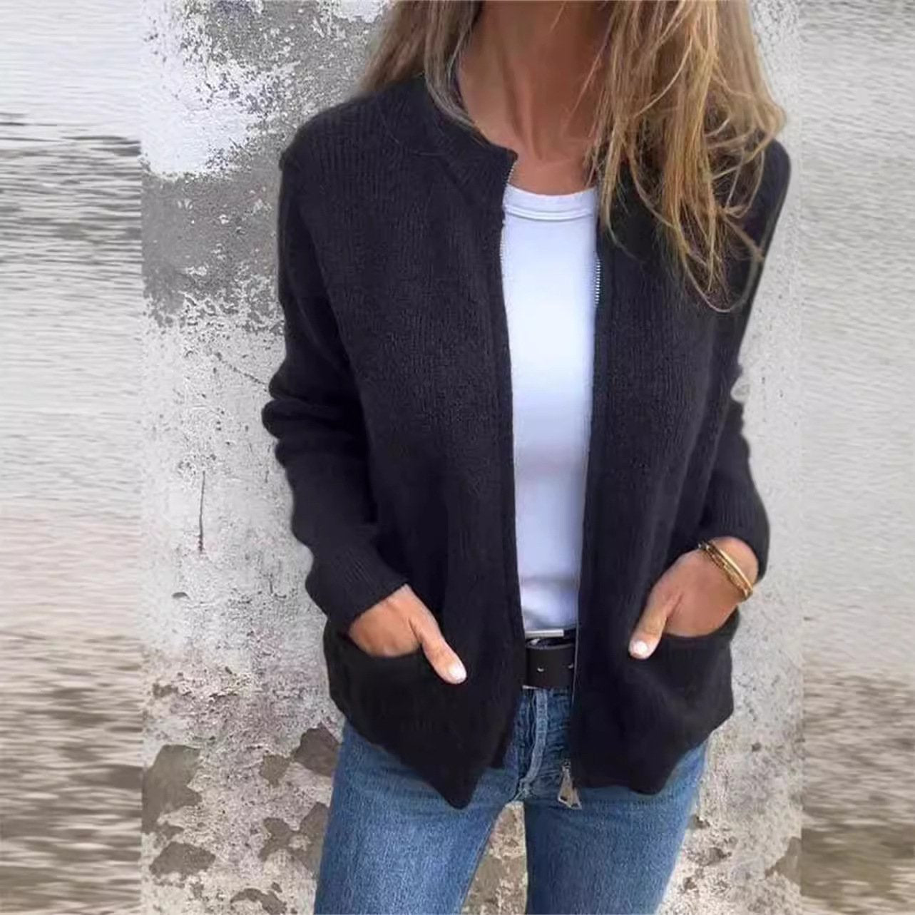🔥 Round Neck Zipper Knitted Jacket