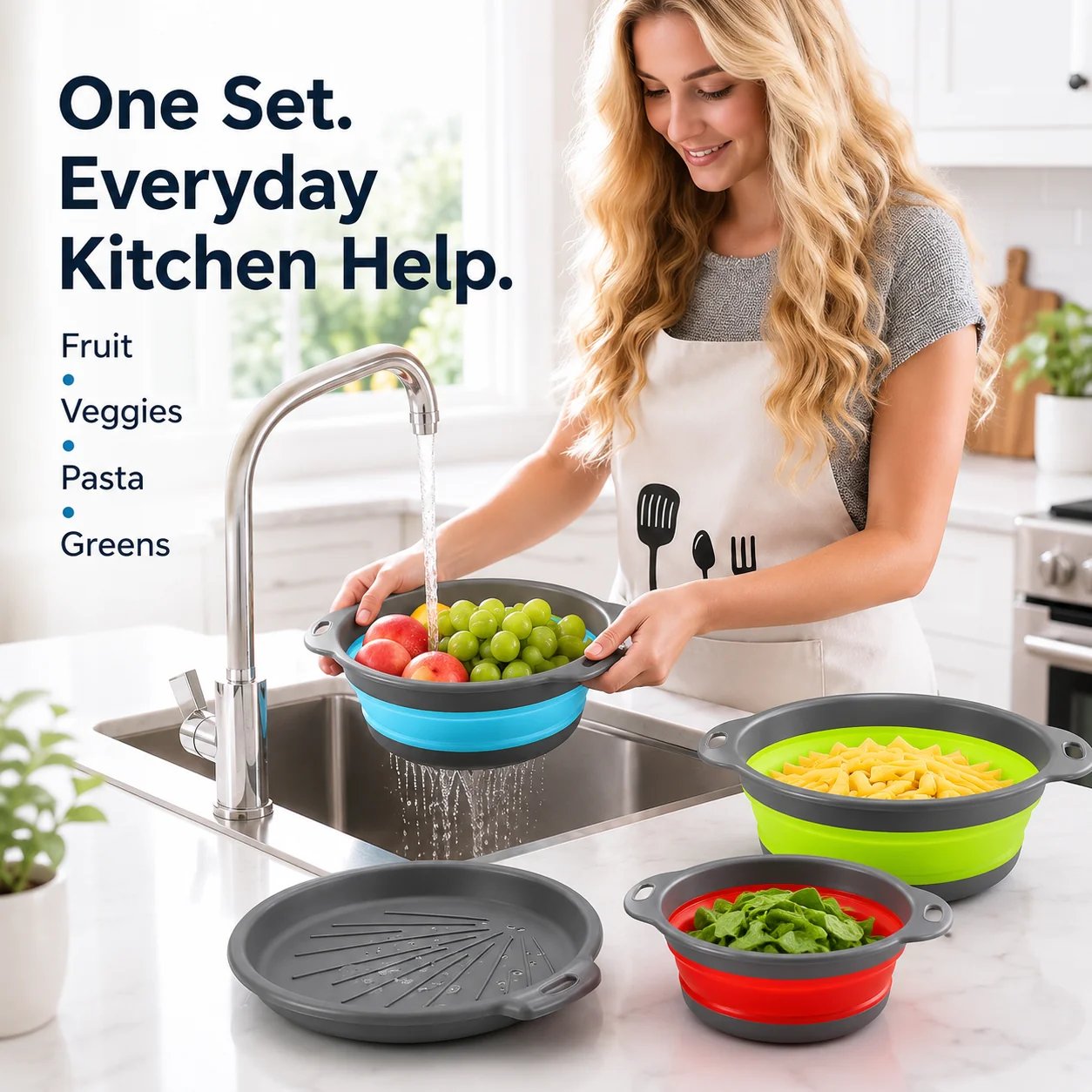 Collapsible Colander Set of 3 – Space-Saving Strainers with Draining Base | Small Medium Large